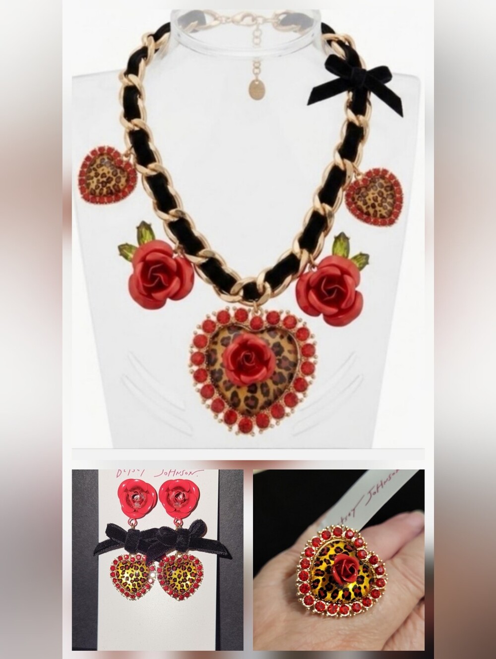 Betsey Johnson Red Rose & Leopard Heart Necklace, Ring and Earrings Set